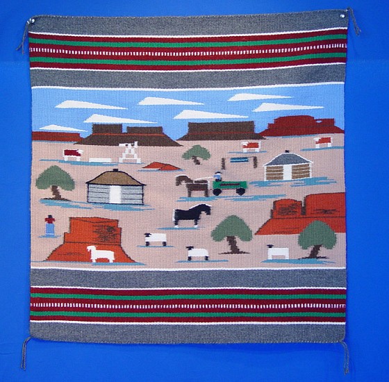 01 - Navajo Textiles, Navajo Rug: c. 1980 Pictorial by Bertha Chee, "Farm Life on the Reservation" (35" x 33.5")
1980, Handspun wool