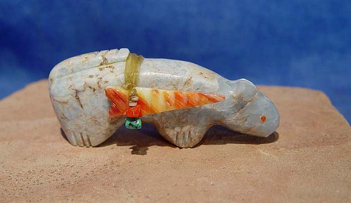 06 - Zuni Fetishes, Zuni Fetish: Mountain Lion, Angelite with Coral, Shell Offering (1" ht x 0.5" w x 2.5" l)
Contemporary