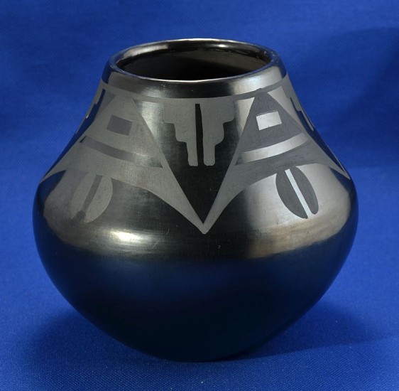 04 - Maria Martinez, Maria Martinez Pottery, Maria and Santana: Blackware Jar, Geometric Motif (5.25" ht x 5.5" d)
Hand coiled clay pottery