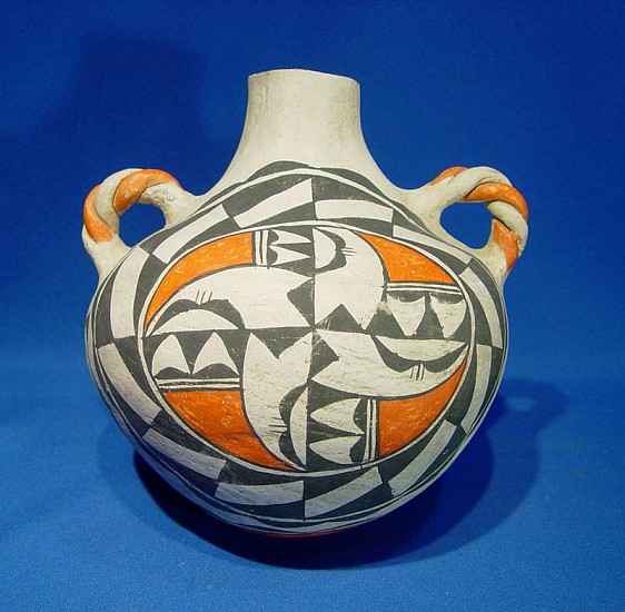 03 - Pueblo Pottery, Acoma Pottery: c. 1950 Polychrome Canteen (8" x 8")
c. 1950, Hand coiled clay pottery