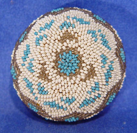 02 - Indian Baskets, Paiute Beaded Basket: White Field, Grey, Blue (1 1/2" ht x 2 5/8" d)
c. 1930, Willow and glass seed beads.