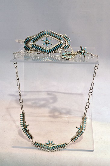 07 - Jewelry-Old, Zuni Jewelry Set by Danie Christine Eriacho: Needlepoint Necklace, Bracelet, Ring, Earrings
c. 1990, Sterling Silver and Turquoise