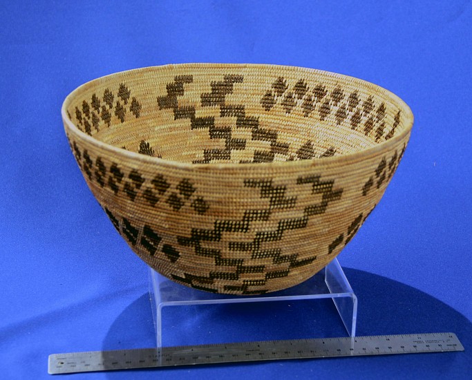02 - Indian Baskets, Antique Mono Basketry: c. 1910-1925 Open Bowl by "Old Noonie" (Northfork Rancheria, Western Mono/Monache), Snake Bands, Lightning Motif (10.75" ht x 5.25" w)
c. 1910-1925, Sedge root, brackenfern root