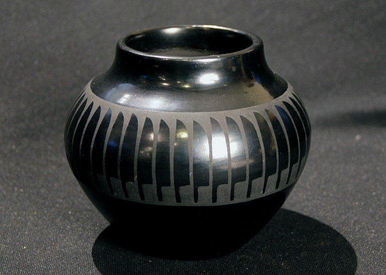 04 - Maria Martinez, Maria Family Pottery, Santana and Adam: Blackware Jar, Feather Motif (5.25" ht x 6.25" d)
Hand coiled clay pottery