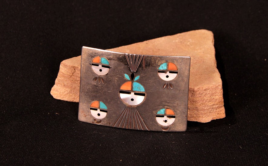 07 - Jewelry-Old, c1950 Zuni Belt Buckle:5 Inlaid Sunface Motif, Multistone Inlay (2.25" x 3")
c1950, Sterling silver with inlaid stones
