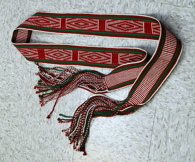 01 - Navajo Textiles, Navajo Sash: c. 1960 Diamond Motif, Red, White, Green (8' 4")
c. 1960, Handspun wool