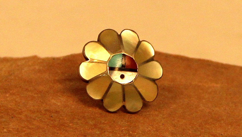 07 - Jewelry-Old, Zuni Inlaid Ring: Sunface in Mother of Pearl Flower Motif (Size 3)
c 1970