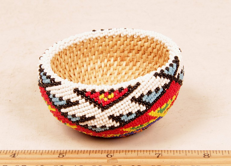 02 - Indian Baskets, Paiute Beaded Basket. Willow coiled on rod foundation. Mint condition.  3 1/4" x 1 3/4" c.1950s
c1950s