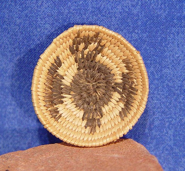 02 - Indian Baskets, Miniature Pima Basketry: c. 1930-40 Tray, Bat Motif (1 3/8" d)
c. 1930-1940