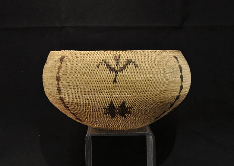 02 - Indian Baskets, Antique Washo/Washoe Basketry: c. 1910-1920 Maggie Mayo James (Carson Valley) Single-Rod Degikup, Four-Color Polychrome (3 3/4 ht x 7" d)
c. 1910-1920