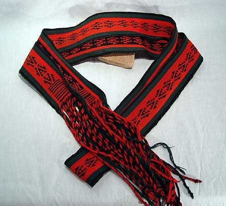 01 - Navajo Textiles, Pueblo sash: c. 1940 Red, Green, Black, Fringed (9' 3")
c. 1940, Handspun wool