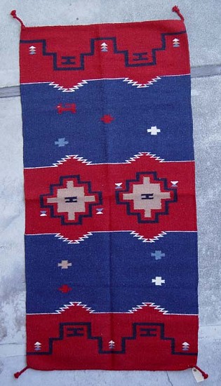 14- Non-Navajo Textiles, Southwest Style (Non-Navajo) Area Rug: Diamond Motif, Red, Blue (32" x 64")
Handspun wool