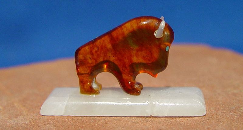 06 - Zuni Fetishes | Miniature Zuni Fetish: Bison/Buffalo by Todd Westika,  with Base, Amber, Shell (1