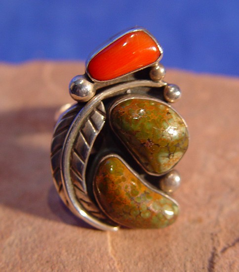 08 - Jewelry-New, Navajo Sterling Silver ring with Coral and natural green Turquoise settings, Size 10 1/2
1980