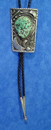 08 - Jewelry-New, Bolo Tie by Russ Rockbridge: Seafoam Turquoise on Sterling Silver (4" x 2.5")
c. 1980, Sterling Silver and Turquoise