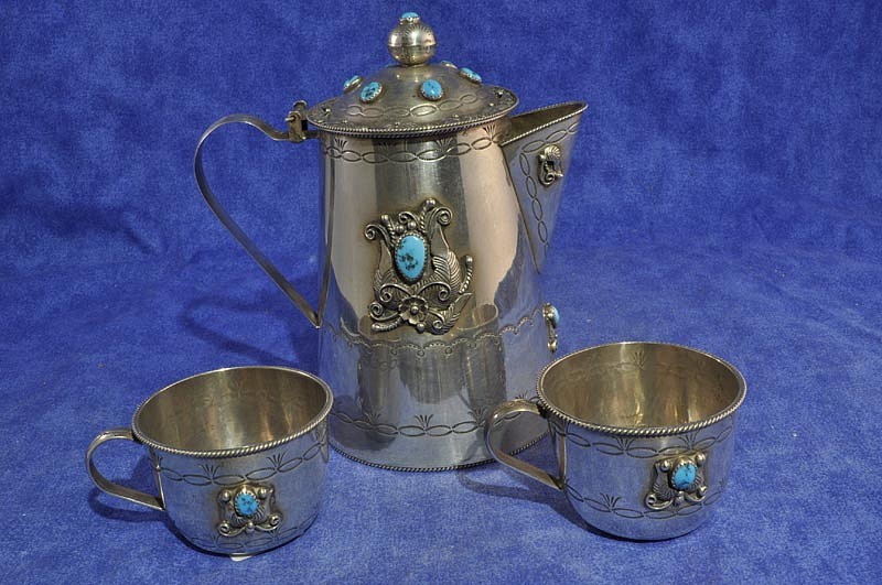 13 - Miscellaneous, Navajo Silver & Turquoise Tea/Coffee Pot and Set of Two Cups; Makers Mark "CS"
1990
