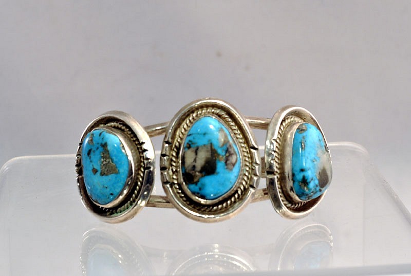 08 - Jewelry-New, Navajo Cuff Bracelet: Three High Grade Turquoise Settings, Quartz Inclusions (5 1/4" + 1 1/8" gap)
c. 1980, Sterling Silver and Turquoise
