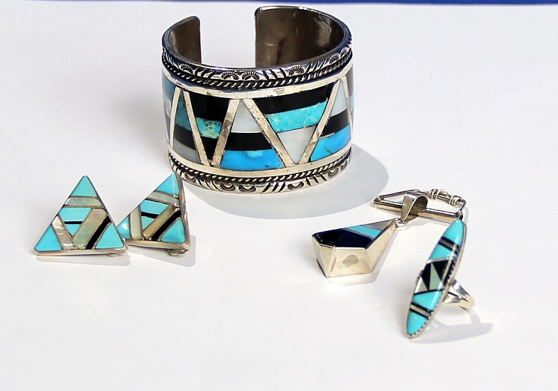 08 - Jewelry-New, Jewelry Set of FOUR: Bracelet, Pendant, Ring, and CLIP Earrings with Inlaid Turquoise, Jet, and Mother of Pearl by Albert Platero