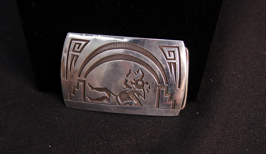 08 - Jewelry-New, Hopi Belt Buckle by Master Silversmith Lawrence Saufkie: Mudhead and Rainbow Motifs (2" x 3.25")
c. 1970s, Sterling silver