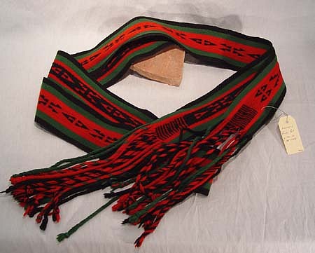 01 - Navajo Textiles, Long Pueblo Sash: c. 1940-1950 Red, Green, Black, Fringed (9' 8")
c. 1940-50, Handspun wool