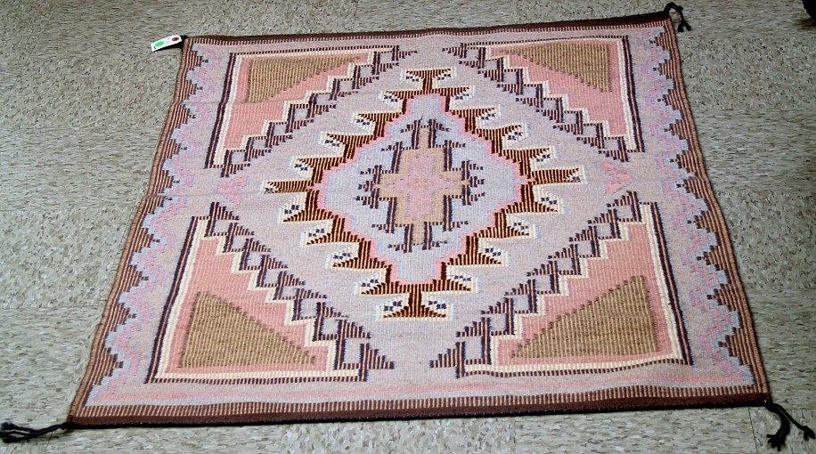 01 - Navajo Textiles, Navajo New Lands/Blue Canyon Rug: Raised Outline, Burntwater, Mint Condition (36" x 52")
1990, Handspun wool