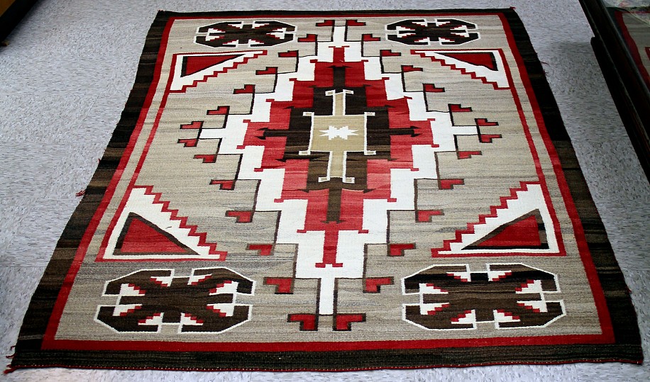 01 - Navajo Textiles, Antique Navajo Klagetoh Rug: c. 1920 with Teec Nos Pos-Inspired Corner Elements (50" x 77")
c. 1920, Handspun wool