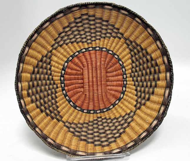 02 - Indian Baskets, Antique Hopi Basketry: c. 1920s Wicker Tray, Green and Red on Yellow Field (14" d)
1920s