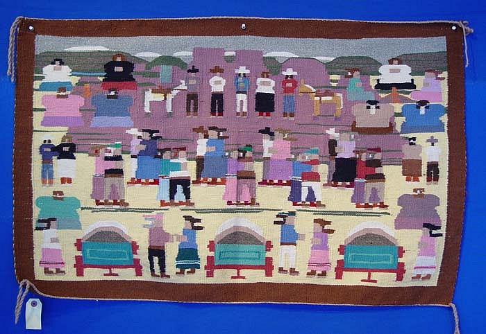 01 - Navajo Textiles, Navajo Rug: c. 1970s Pictorial, Dancers, Wagons, Mint Condition (41" x 26.5")
c. 1970s, Handspun wool