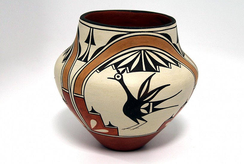 03 - Pueblo Pottery, Zia Pottery: c. 1980s Large Polychrome Olla by Sofia Medina, Bird/Roadrunner Motif (10" ht x 11" d)
c. 1980s, Hand coiled clay pottery