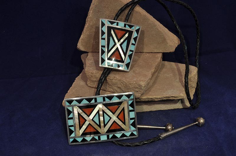 07 - Jewelry-Old, Zuni Inlaid Buckle and Bolo set
Sterling silver with inlaid stones