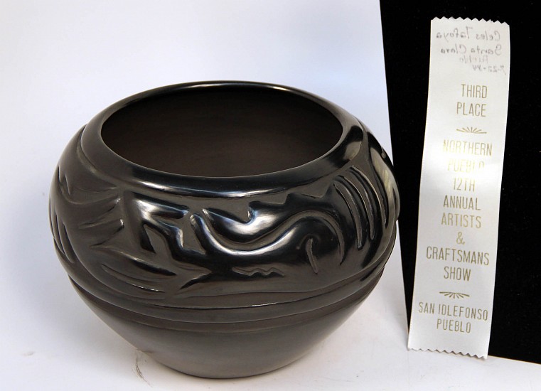 03 - Pueblo Pottery, Santa Clara Pottery: c. 1970s-80s Incised Blackware by Celes Tafoya, Avanyu Motif, Third Place Prize Winner (6" ht x 8" d)
c. 1970s-80s, Hand coiled clay pottery
