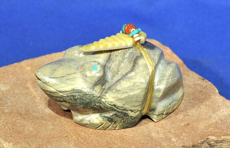 06 - Zuni Fetishes, Large Zuni Fetish by Debra Gasper and Raymond Tsethlikai: Frog, Serpentine with Mother of Pearl Offering (1 1/4" ht x 1 1/2" w x 2 3/4" l)
Contemporary