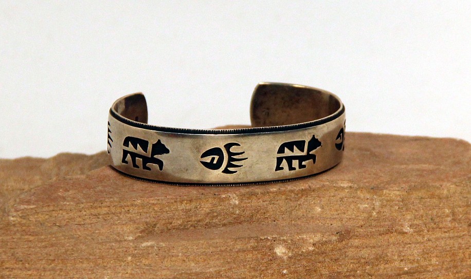 08 - Jewelry-New, Hopi Overlay Cuff, Signed "NF": Bear and Bear Paw Motifs (5 1/2" + 1 1/4" gap)