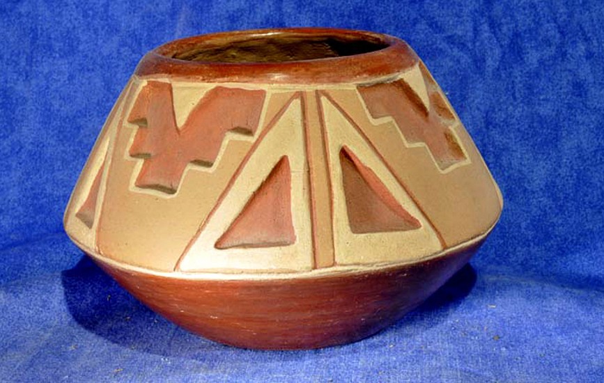 03 - Pueblo Pottery, San Juan Pottery: c. 1940-1950 Polychrome Redware, Likely by Tomasita Montoya (4.25" ht x 6.5" d)
c. 1940-1950, Hand coiled clay pottery