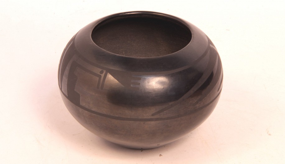 04 - Maria Martinez, Maria Martinez Pottery, Marie & Julian: c. 1920s Matte Painted Blackware, Globular (4 1/4" ht x 6" d)
c. 1920s, Hand coiled clay pottery