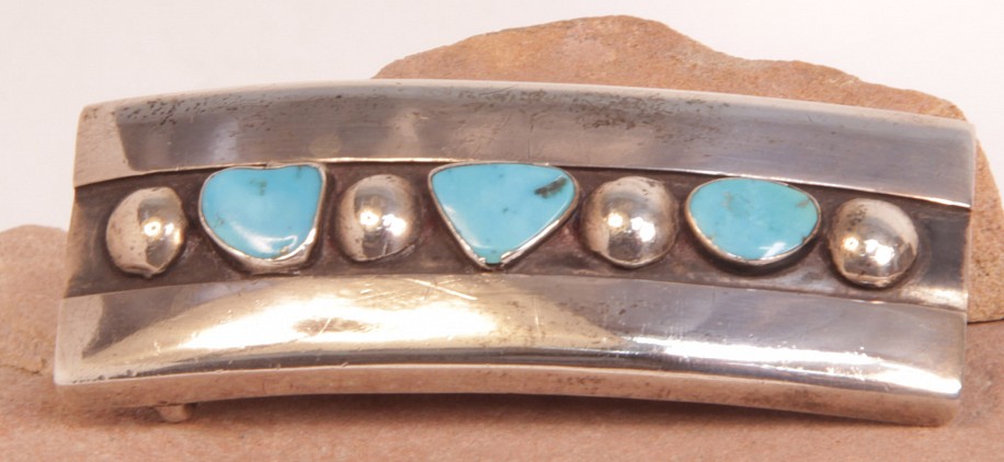 07 - Jewelry-Old, Navajo/Hopi Belt Buckle: Three Turquoise Settings, Sterling Silver Overlay (1" x 3")
c. 1960, Sterling Silver and Turquoise