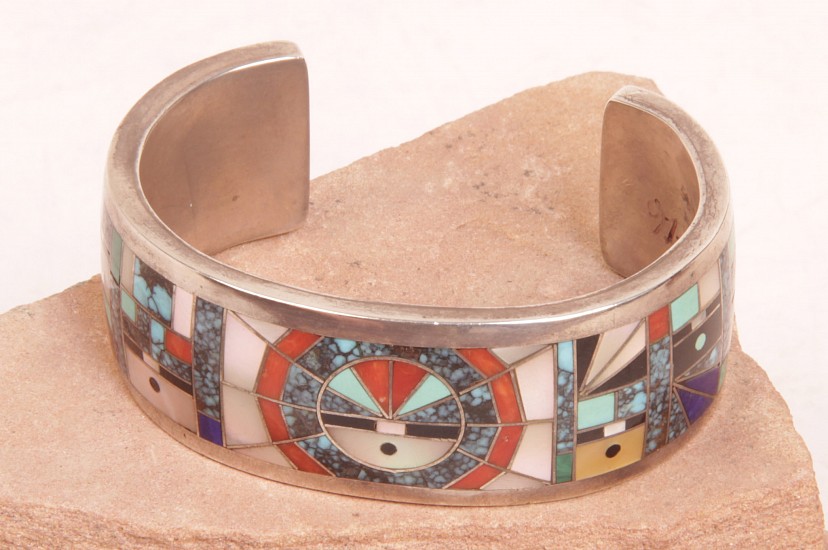 08 - Jewelry-New, Navajo Cuff Bracelet by Gilbert Calavaza: Intricate Multistone Inlay, Spiderweb Turquoise, Lapis, Coral, Mother of Pearl (5.5" + 1.25" gap)
c. 1970s, Sterling silver with inlaid stones