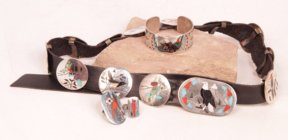 08 - Jewelry-New, Four-Piece Set of Zuni Belt, Bracelet, Two Rings: Bird and Cardinal Motifs, Multistone Inlay
Sterling silver with inlaid stones