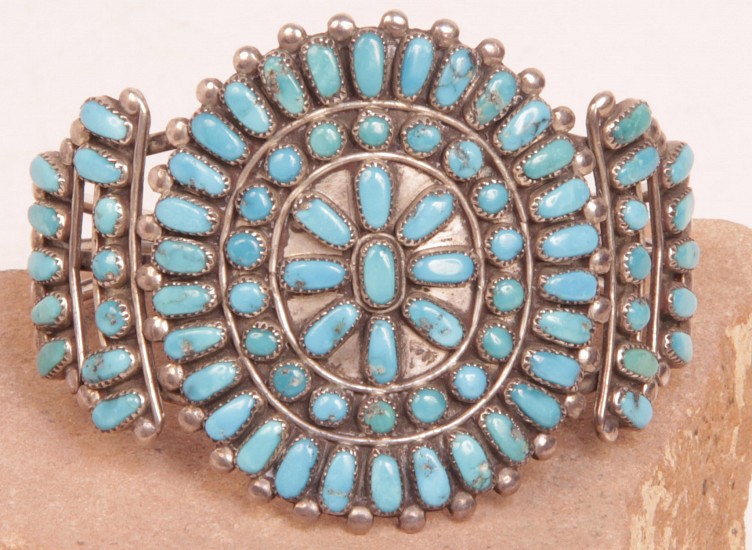 07 - Jewelry-Old, Zuni Cluster Cuff Bracelet: Petit-Point, Wing Motif (5.25" + 1.25" gap)
Sterling Silver and Turquoise