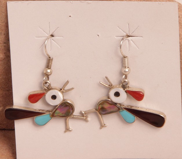 08 - Jewelry-New, Hook Earrings by Kelly Edaakie: Birds with Mother of Pearl, Coral, Jet, Turquoise (1" x 1")
Contemporary, Sterling silver with inlaid stones