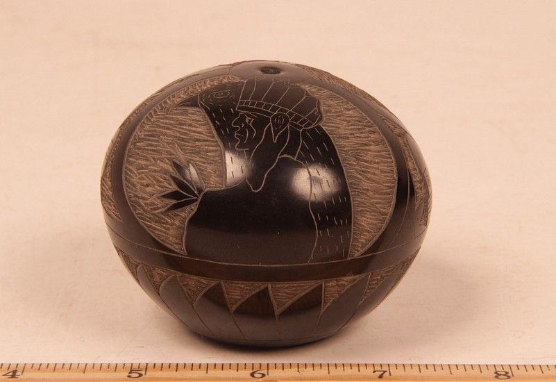 03 - Pueblo Pottery, San Juan Incised/Sgraffito Blackware Pottery Seed Jar /w Eagle Dancer Motif by Tom Tapia 3" x 2 1/4" (b.1946-2015) c.1980s