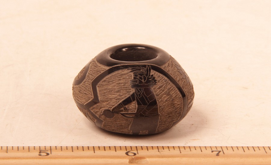 03 - Pueblo Pottery, San Juan Incised/Sgraffito Blackware Pottery Jar /w Kachina Motifs by Tom Tapia 1 5/8" x 1"" (b.1946-2015) c.1980s