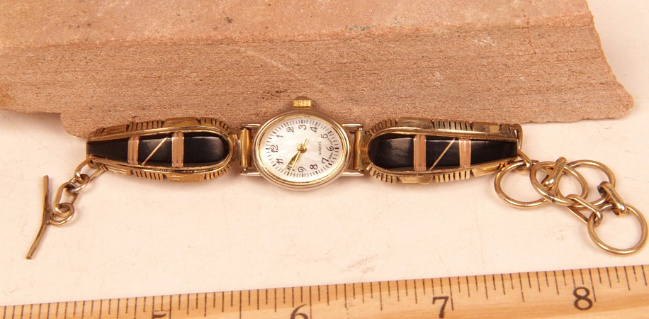08 - Jewelry-New, Gold-Fill Sterling Silver Watch Band /w Inlaid Jet by R.M.J 6 1/2" wrist size