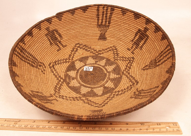 02 - Indian Baskets, Antique Apache Gahn Dancers Pictorial Basketry Bowl 12" x 3 1/4" c.1900
c1900