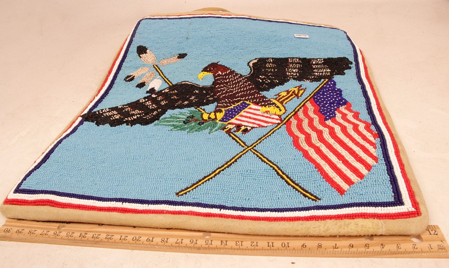 09 - Beadwork, Extra LARGE Yakima WA tribe --Flag Pictorial Beaded Pouch 15 1/2" x 12" c.1970s
c1970s