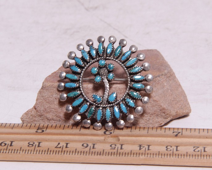 08 - Jewelry-New, Zuni Sterling Silver & Petit-Point Turquoise Pin 1 1/2" c.1960s