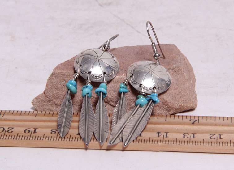 08 - Jewelry-New, Navajo Sterling Silver & Turquoise Earrings with Feathers 2 1/4" c.1960s
