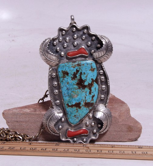 08 - Jewelry-New, Navajo Sterling Silver Pendant with Turquoise & Coral 4 1/2" c.1970s "B.H." Hallmark